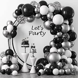 Black White Silver Balloons Garland Arch Kit,124pcs 18 12 10 5 In Black Silver Metallic Confetti Latex Balloons Arch Kit for Graduation Birthday Anniversary Decoration with Strip and Ribbon Glue Dot Black White Balloon Arch, Black And Silver Balloons, Black And White Balloons, Silver Balloons, Balloons Arch, Anniversary Decoration, Silver Confetti, Shimmer Wall, Happy New Years Eve