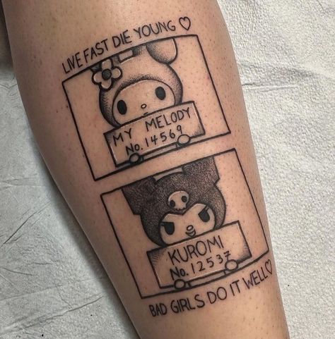 Bad Girl Tattoo, My Melody Tattoo, Melody Tattoo, 3 Tattoo, Kuromi My Melody, Girl Tattoo, My Melody, Bad Girl, Girl Tattoos