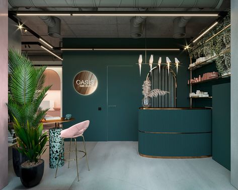 NAILS STUDIO "OASIS" :: Behance Green Salon Ideas, Green Beauty Salon, Nail Studio Decor, Architecture Editorial, Hair Salon Interior Design, Pink Store, Spa Interior Design, Green Interior Design, Coffee Room