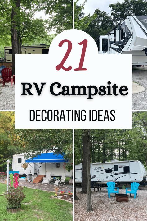 Looking for RV campsite decorating ideas?  Look no further!  RV camping is synonymous with outdoor living, so hanging out in cozy camping chairs around the campfire is the best place to be at the campground.  However, it can be difficult to find cute RV patio decorating ideas and accessories that are practical for camping and travel.  Read now for 21 RV campsite decorating ideas that will make your RV patio the talk of the campground (in a good way). Camping Decks Seasonal, Outside Camper Decor, Camping Yard Ideas, Camper Setup Ideas, Campground Patio Ideas, Camp Yard Ideas, Camper Deck With Gazebo, Full Time Rv Outdoor Space, Camping Trailer Outdoor Setup