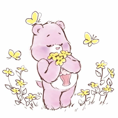 Care Bears Baby on Instagram: “Our little Share bear loves smelling all the new flowers outside! What are some of your favorite flowers this time of year? 💜💐✨ #Carebears…” Care Bear Tattoos, Care Bears Vintage, Care Bear Party, Flowers Outside, Care Bear Birthday, Care Bears Cousins, Bear Drawing, New Flowers, Bear Theme