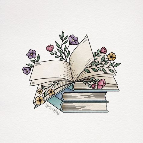 Books And Flowers Drawing, Book With Flowers Drawing, Books Drawing Aesthetic, Book Drawing Aesthetic, Bookworm Art, Books Drawing, Etsy Stickers, Arte Van Gogh, Bullet Journal Design Ideas