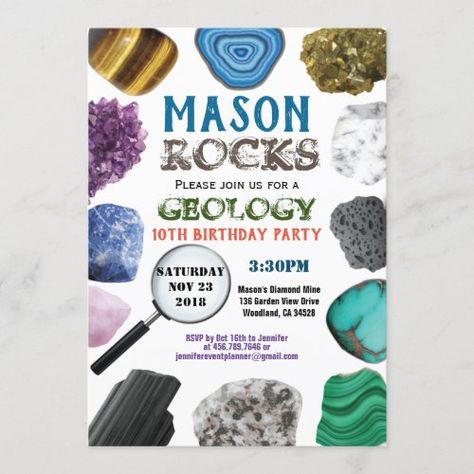 Geology Birthday Party Rocks Gemstones Crystals Invitation #zazzle #weddinginvitations #birthdayinvitations #babyshowerinvitations #zazzleinvitations #monogram #businesscards #graduation #homedecor Geology Birthday Party, Mining Party, Science Birthday Party Ideas, Whale Birthday, Fun Holiday Crafts, Science Birthday, Party Rock, Gemstones Crystals, 10th Birthday Parties