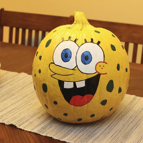 SpongeBob pumpkin. Spray painted yellow and then used paint markers for the face. Spongebob Pumpkins Painting, Yellow Painted Pumpkin Ideas, Yellow Pumpkin Ideas, Sponge Bob Pumpkin, Yellow Pumpkin, Yellow Pumpkin Carving Ideas, Yellow Pumpkin Painting Ideas, Pumpkin Painting Ideas Frankenstein, Spongebob Pumpkin Painting