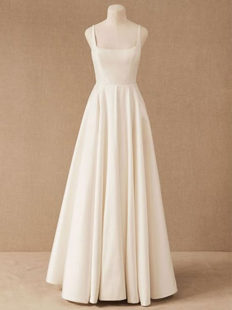 Simple Wedding Dress With Train Satin Fabric Strapless Sleeveless Pock — Bridelily Square Neckline Wedding Dress, Bhldn Wedding Dress, Neckline Wedding Dress, A Line Bridal Gowns, Wedding Dresses With Straps, Bridal Elegance, Casual Wedding Dress, Satin Wedding, Casual Wedding