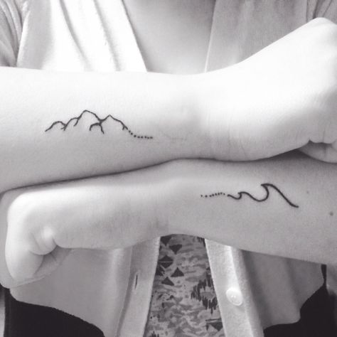 Best Friend Tattoos Waves, Friendship Mountain Tattoos, Beach And Mountain Matching Tattoo, Beach To Mountain Tattoo, Beach And Mountain Best Friend Tattoo, Couple Tattoos Mountain Ocean, Mountain And Sea Couples Tattoo, Ocean And Mountain Tattoo Couple, Simplistic Tattoo Minimalist