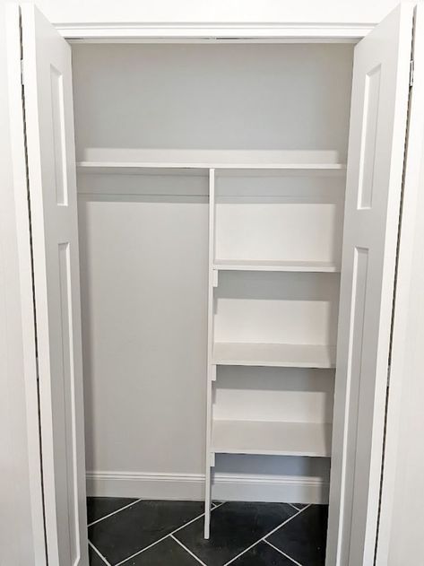 I converted our coat closet to a functioning storage space as a pantry closet, storage space and cleaning supplies storage. I included the link to my video where I show you step by step how I converted the coat closet to a pantry closet. Coat Closet Converted To Pantry, Pantry Cleaning Closet Combo, Transform Coat Closet, Turning Coat Closet Into Pantry, Pantry And Coat Closet Combo, Closet With Corner, Coat Closet Shelving, Coat Closet Into Pantry, Cleaning Closet Ideas