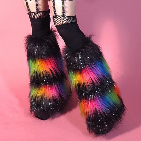 Rave Fluffies, Fluffy Leg Warmers, Rave Fits, Scene Outfits, Black Rainbow, Scene Fashion, Scene Kids, Rave Wear, Rave Outfits