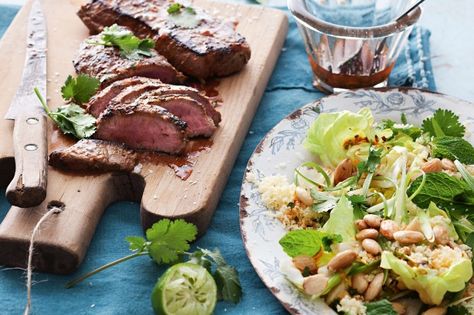 Serve Moroccan flavoured lamb with a zesty salad to match. It will spice up your barbecue. Party Bbq Ideas, Recipes For Lamb, Lamb Backstrap, Meals Planner, Backstrap Recipes, Cook Lamb, Australia Recipes, Moroccan Salad, Zesty Salad