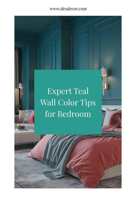 Modern bedroom with teal walls, coral bedding, and stylish lighting fixtures. Bedroom With Teal Walls, Teal Wall Bedroom, Teal Wall Colors, Teal And Pink Bedroom, Corner Accent Table, Coordinates Decor, Color Tips, Teal Bedroom, Neutral Furniture