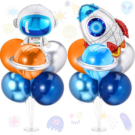 PRICES MAY VARY. Comprehensive Space Themed Party Kit: the outer space birthday decorations come in 2 sets, including 2 balloon stands, 1 astronaut balloon, 1 rocket balloon, 2 orange balloons, 2 metallic silver balloons, 4 navy blue balloons, 4 blue balloons, 2 metallic blue balloons, 1 marble orange balloons, 1 marble blue balloons, and 2 metallic silver long balloons, 1 adhesive dots; The vibrant colors of the balloons are sure to liven up any room and are ideal for your child's space themed Space Birthday Table Decorations, Space Party Balloons, Space Table Centerpieces, Space Party Centerpiece, Space Centerpiece Ideas, Planet Decorations, Space Balloons, Rocket Balloon, Outer Space Party Decorations