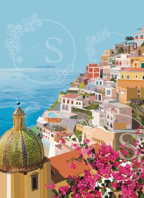 Positano Watercolor Painting, Positano Painting, Drawing On Ipad, Coastal Italy, Klimt Inspired, Wanderlust Decor, Vibrant Illustration, Building Sketch, Sketch Watercolor