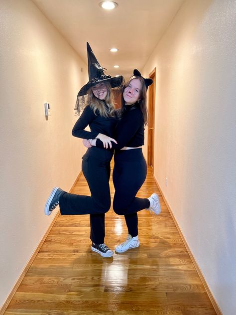 Cat And Witch Costume, Black Cat And Witch Costume, Witch And Cat Costume, Witch And Black Cat Costume, Black Cat Halloween Costume, Witch And Cat, Halloween Duos, Black Cat Costumes, Classic Halloween Costumes