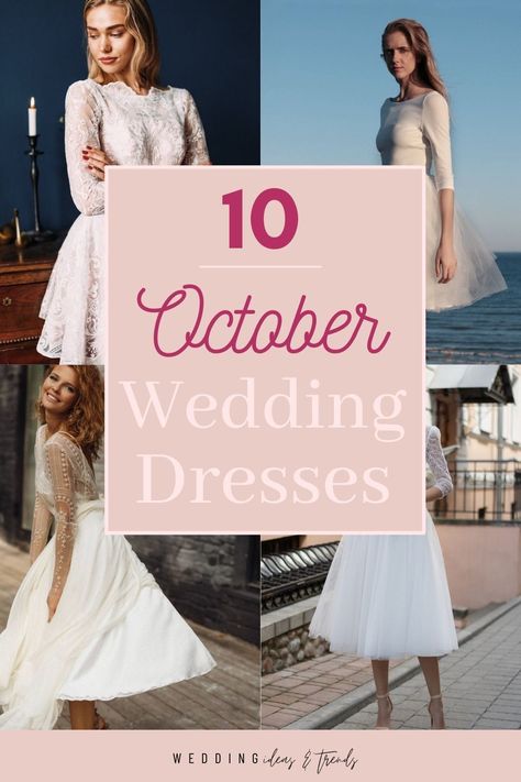 October is one of the prettiest months in terms of weather, and most importantly it's Fall Wedding Season. So we have pored over hundreds of short dresses with long sleeves dresses to bring you ten all-time favorites October wedding dresses that I know will match your fall wedding theme and style perfectly. All of these dresses would work great for a wedding during the day, or an evening affair, or even a courthouse wedding (if you are looking for something simple but beautiful). Outside Fall Wedding Dress, Courthouse Wedding Dress Fall, Short Fall Wedding Dress, Vintage Fall Wedding Dress, October Wedding Dress Ideas, Wedding Dresses For Fall Weddings, Fall Wedding Dress Short, Simple Fall Wedding Dress Casual, Fall Wedding Dress Bride