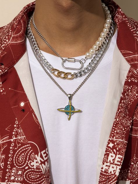 3pcs Men Chain Necklace | SHEIN USA Guy Jewelry, Mens Necklace Fashion, Jewlery Earrings, Men Chain, 70s Jewelry, Streetwear Jewelry, Necklace Outfit, Layered Necklaces Silver, Fancy Necklace