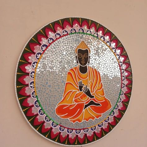 Buddha Lippan art Size 16 inches #lippanart #mudandmirrorwork #clay #hamdmade #handicraft #wallhanging #walldecor #homedecor #Interiordesigner #USA #UK #India #ghaziabad #smallbusiness Buddha Lippan Art, Lippan Art Buddha Design, Buddha In Lippan Art, Lord Buddha Wall Painting, Buddha Shakyamuni, Vajrapani Buddha, Wall Hanging, Wall Decor, Interior Design