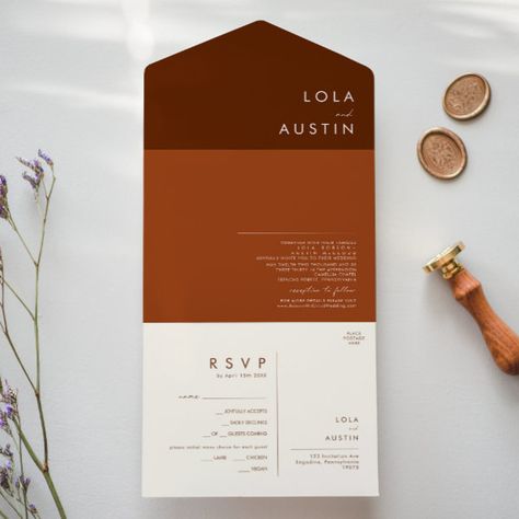 Simple Desert | Dark Cinnamon and Terracotta All All In One Invitation Simple Desert, Minimalist Western, Orange And Cinnamon, Colorful Wedding Invitations, Rustic Boho Wedding, Autumn Background, Brown Wedding, Fall Wedding Invitations, Wedding Invitations Boho