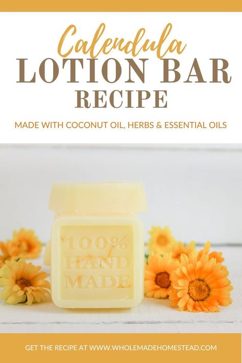 This DIY lotion bar is crafted from a blend of coconut oil, shea butter, beeswax, calendula flowers and fragrant essential oils. The calendula lotion bars are incredibly easy to make and will leave your skin feeling soft and hydrated. Coffee Lotion, Calendula Lotion, Lotion Bar Recipe, Beeswax Soap, Lotion Bars Diy, Lotion Bars Recipe, Organic Skin Care Routine, Dry Skin Makeup, Calendula Flowers