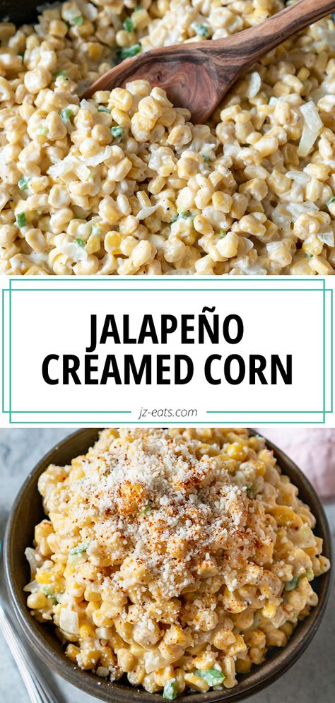 creamed corn in a skillet with a wooden spoon Jalapeno Cheesy Corn, Jalapeño Corn Coleslaw, Creamy Jalapeño Corn, Corn With Cream Cheese And Jalapenos, Spicy Southern Hot Corn, Jalapeno Sweet Corn, Jalepeno Cheesy Corn, Crockpot Corn With Jalapenos, Rice Side Dishes For Bbq