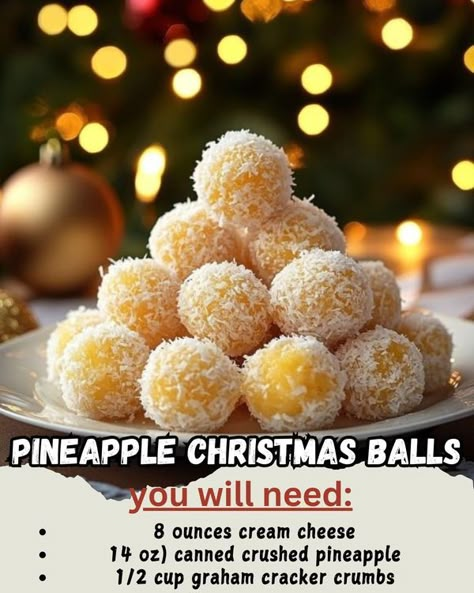 CookFastly. | Pineapple Christmas Balls 🍍✨  | Facebook Pineapple Christmas Balls, Pineapple Coconut Dessert, Dessert Christmas, Pineapple Christmas, Coconut Dessert, Coconut Balls, Beach Food, Yum Recipes, Holiday Goodies