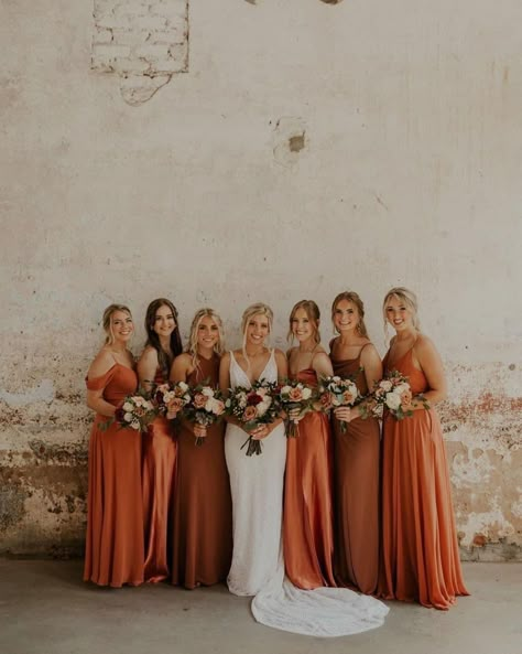 Earth Tone Wedding Bridesmaid Dresses, Fall Wedding Ideas Bridesmaids, Sage Green And Terracotta Wedding Bridesmaids, Rustic Orange Wedding Bridesmaid Dress, Orange Brown Wedding Theme, Rustic Orange Bridesmaid, Wedding Party Photos Terracotta, Burnt Oragnge Bridesmaid Dresses, Butnt Orange Bridesmaid Dresses