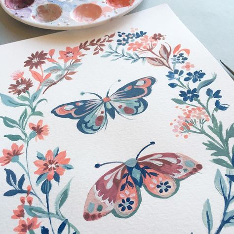 Clare Therese (@claretheresegray) • Instagram photos and videos Clare Therese, Butterfly Wreath, Wreath Illustration, Procreate Ipad Art, Painting Nature, Gouache Art, Fabric Collections, Amazing Drawings, Boho Art