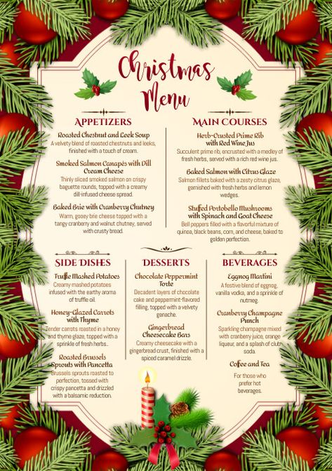 Christmas Menu Ideas Printable Template Christmas Menu List, Christmas Menu Ideas, Christmas Eve Dinner Menu, Christmas Lunch Menu, Christmas Dessert Menu, Christmas Menu Design, Smoked Salmon Canapes, Christmas Menu Template, Christmas Menus