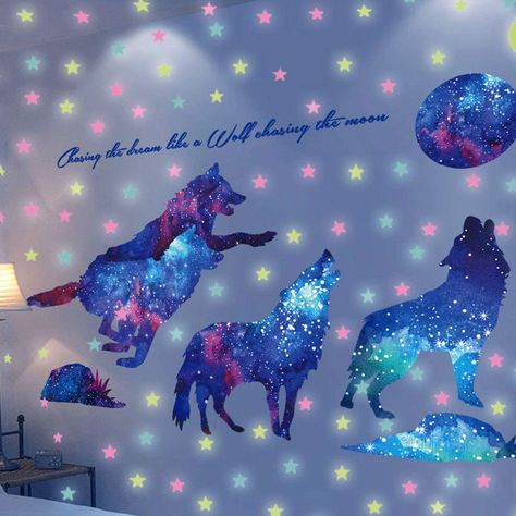 Wolf Room Decor, Teen Bedroom Wall Decor, Wolf Room, Galaxy Wolf, Wolf Decor, Wall Sticker Design, Teen Girl Room Decor, Gas Stoves, Bedroom Murals