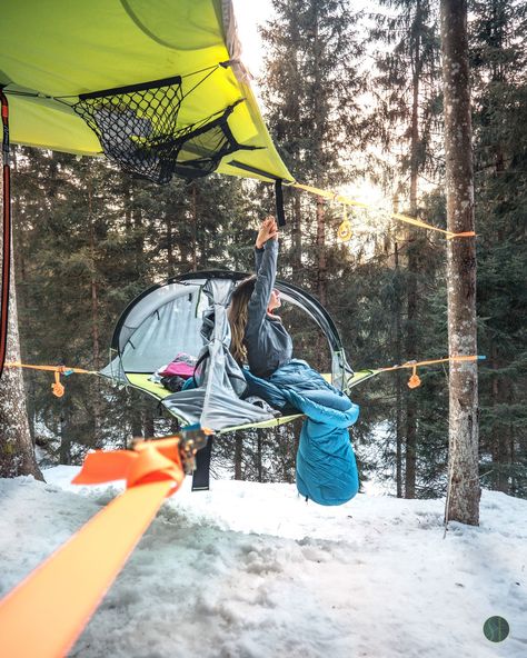 Stretching high on our flagship Connect 3-person tree tent. Tree Tent, Suv Camping, Yurt, Campfire, Hammock, Stretching, Baby Strollers, Tent, Suv