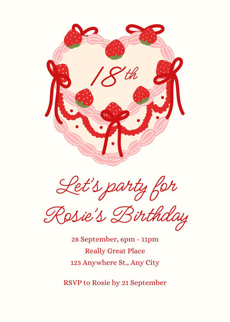 Red Pink Vintage Heart Cake 18th Birthday Invitation Pink And Red Invitations, 18th Birthday Invitation Templates, Aesthetic Birthday Invitations, Red Invitation Template, Invitaciones Aesthetic, Birthday Invitations Aesthetic, Cute Invitation Template, Pink Vintage Heart Cake, Red Birthday Invitations