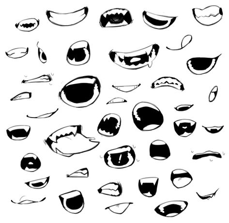 Art Mouth Reference, Anime Mouths Reference, How To Draw Teeth Anime, Anime Mouth Drawing Fangs, Anime Fangs Teeth, Art Reference Mouth, Anime Teeth Reference, Anime Mouth Expressions, Mouth Art Reference