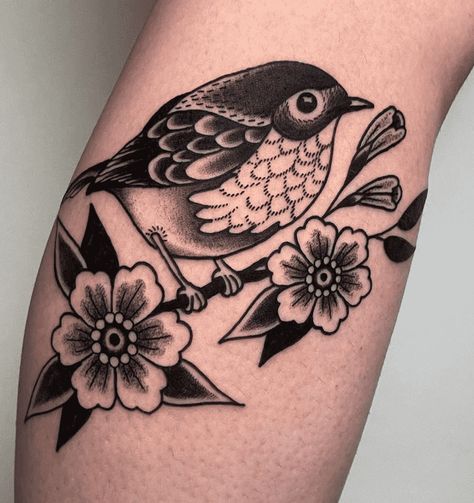 American Traditional Chickadee Tattoo, Bird And Flower Tattoo Designs, Traditional Bird And Flower Tattoo, Bird Tattoo Traditional Black, Traditional Finch Tattoo, Old School Tattoo Black And White, American Traditional Tattoos Bird, Ornamental Bird Tattoo, Folk Bird Tattoo