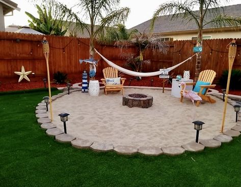 Backyard With Sand Ideas, Backyard Landscaping Beach, Hammock Oasis Backyard, How To Make A Beach In Your Back Yard, Backyard Beach Theme, Sand In The Backyard, Firepits Backyard With Sand, Sand Area In Backyard, Small Beach Backyard Ideas