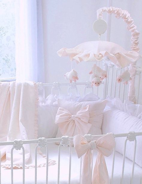 Powder Pink 4 Piece Crib Bedding Set – Blueberrie Kids White Nursery With Pink Accents, Pink Crib Nursery, Pink Bow Nursery, Pink Nursery Ideas, Coquette Nursery, Baby Pink Nursery, Gingham Nursery, Pink And White Nursery, Crib Bows