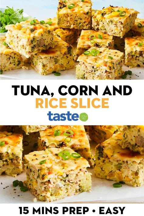 Packed with sneaky veg, tuna and rice, this cheesy slice is perfect for dinner, lunch or lunchboxes. #slice #slicerecipes #lunchbox #rice #corn #australia #australian #australianrecipes Rice Slice Savoury, Tuna Slice Recipe, Rice Lunches For Work, Light Suppers, Tuna And Rice, Creative Cookery, Tuna Pie, Lunchbox Inspiration, Vegetable Meals