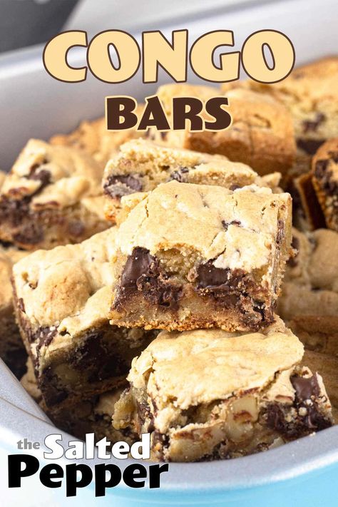 Some may call these blondies or chocolate chip cookie bars, but in our family they've always been called congo bars and they are a favorite for sure! Easy to make, delicious to eat! Congo Bars Recipe, Congo Squares Recipe, S’mores Cookie Bars Recipe, Congo Bars 12 Tomatoes, Congo Bars, Chocolate Chip Cookie Bars, Fudgy Brownies, White Chocolate Chips, Dessert Bars