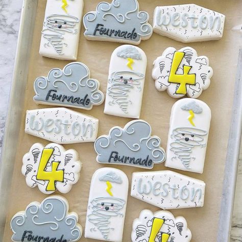 Fournado Cookies, Twonado Birthday Cookies, Weather Birthday Cake, Tornado Cookies Decorated, Twonado Cookies, Twister Birthday Party Ideas, Fournado Birthday Party Decor, 4 Nado Birthday Party, Storm Theme Party