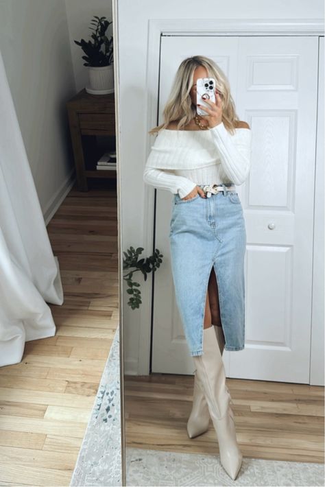 Women's Denim Midi Skirt curated on LTK Midi Denim Skirt Outfit Fall, Long Denim Skirt Outfit Winter, Denim Skirt Outfit Winter, Long Denim Skirt Outfits, Denim Skirt Outfit Fall, Skirt Outfits For Women, Midi Skirt Outfit Winter, Denim Midi Skirt Outfit, Long Denim Skirt Outfit