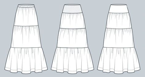 Set of Tiered Skirts technical fashion illustration. Maxi Skirt with different waistband fashion flat technical drawing template, rib, zipper, elastic band, front view, white, women CAD mockup set. Skirt Technical Drawing, Drawing Template, Tiered Skirts, Mother's Day Photos, Drawing Templates, House Vector, Crop Image, Schedule Design, Shop Icon