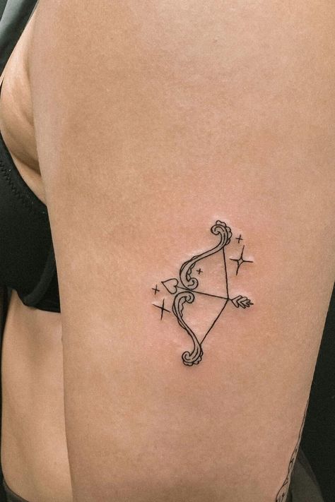 Looking for Sagittarius tattoo ideas for women?! These Sagittarius tattoos are SO good. Whether you. If you want unique, minimalist Sagittarius tattoos to get inspired, we've got you covered with some gorgeous zodiac tattoo ideas HERE Random Fun Tattoos, Sagittarius Tattoo Women, Subtle Percy Jackson Tattoo, Sagittarius Minimalist Tattoo, Sagittarius Moon Tattoo, Pieces Tattoo Zodiac, Female Archer Tattoo, Sagittarius Tattoo Minimalist, Sagittarius Tattoo Ideas