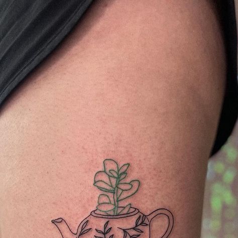 Teapot Pouring Flowers Tattoo, Green Tea Tattoo, Potted Plant Tattoo, Tea Pot Tattoo, Teacup Plants, Teapot Tattoo, Succulent Tattoo, Tea Tattoo, Tattoos Inspo