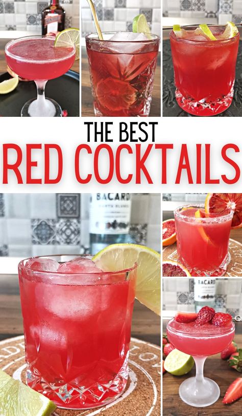 17 Best Red Cocktails To Try Today (Easy & Fruity) - Foodiosity Color Party Drink Ideas, Red Alcoholic Punch Party Drinks, Red Fruity Cocktails, Ohio State Alcohol Drinks, Red Raider Cocktail, Red Cocktail Drinks Vodka, Red And Green Cocktails, Red Halloween Alcoholic Drink, Casino Party Cocktails