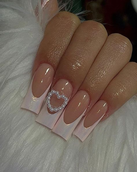 Awesome 2023 French Tip Nails Photo - davidreed.co Pearl White French Tip Nails Square, Pearl Heart Nail Charm, Nails With Pearl Hearts, Pearl Heart Charm Nails, Pearl White French Tip Nails, Heart Pearl Nails, Cute Square Nails Medium, Nails With Heart Charms, Heart Charm Nails