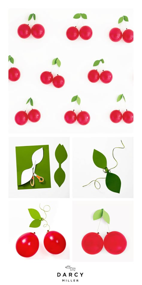 Cherry balloon DIY | Darcy Miller Designs A great party needs great decor. Instructions and leaf template included. #idea #birthday #party #celebrate #fruit #theme #red #green #inspiration #inspo Red Theme Decorations, Cherries Birthday Theme, Cherry Birthday, Cherry Party, Tutti Frutti Birthday Party, Deco Fruit, Fruit Birthday Party, Fruit Birthday, Cherry Picking