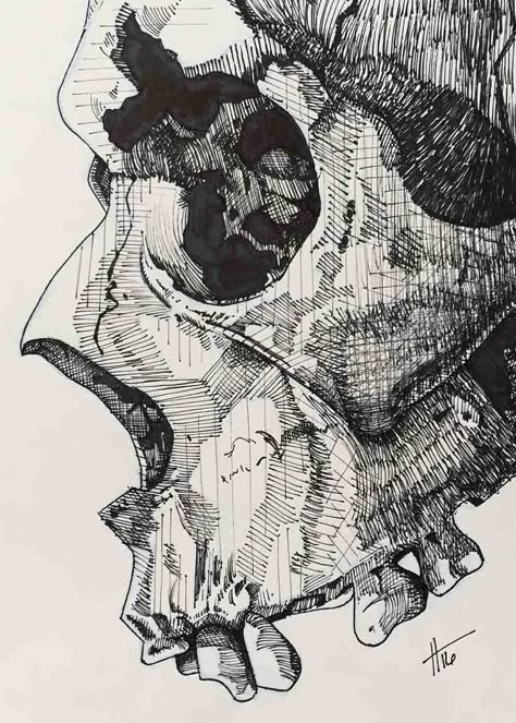 Ink Skull Drawing, Skull Ink Drawing, Ink Pen Sketch, Black Pen Art Doodles, Skull Pen Drawing, Skull Sketchbook, Cracked Skull, Gothic Drawings, Drawing Skull