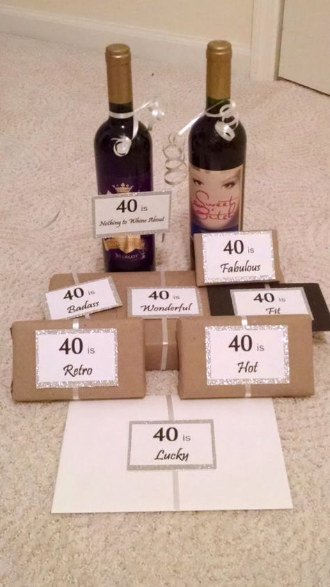 40th birthday gifts for my sister. Didn't have time to get 40 gifts so it's all things she'll enjoy. Thanks to fellow pinners for the inspiration! 40th Birthday Ideas For Sister, Sisters 40th Birthday Ideas, 40th Birthday Gifts For Sister, Sister 40th Birthday Gift, Best 40th Birthday Gifts For Women, 40 Things For 40th Birthday, 40th Bday Gifts Women, 40th Birthday Ideas For Women Gift Diy, 40 Gifts For 40th Birthday Woman