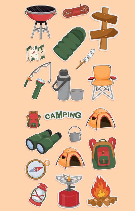 Camping Items Cute Sticker Set Vector Illustration AI, EPS Camping Illustration Graphics, Scout Illustration, Camp Illustration, Tent Illustration, Tent Drawing, Camping Vector, Camping Cartoon, Camping Illustration, Camping Stickers