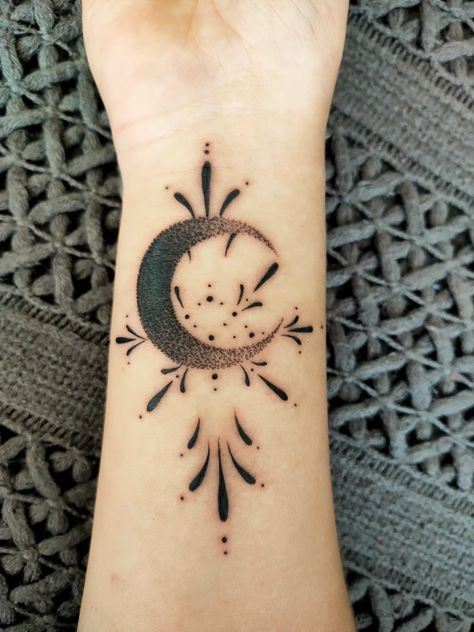 Dotted feminine moon tattoo with ornaments Moon Tattoo, Moon, Tattoos, Quick Saves