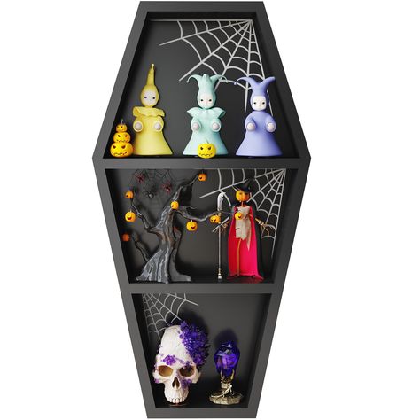 PRICES MAY VARY. 【24 INCHES HIGH COFFIN SHELF】Deeper and larger coffin shelves with spider web to help you display and store your large horror collection! Our crystal display shelf is 24 inch high, 11.4 inch at the longest point and 3.74 inch at the widest point. 【BEST HALLOWEEN GIFT & Decor】If you are looking for a Halloween decor and gift, or your friend or family member likes spooky collectibles, gothic decorations or witch decorations, you can surprise him/her with our handmade oversized cof Modern Gothic Furniture, Gothic Office Decor, Gothic Decorations, Coffin Bookshelf, Coffin Shelves, Witchy Room Decor, Witch Decorations, Haunted Mansion Decor, Wooden Coffin