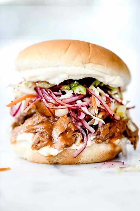 Pork And Slaw Sandwich, Cole Slaw For Pulled Pork Sandwiches, Pulled Pork Sandwich Coleslaw Recipe, Gourmet Pulled Pork Sandwiches, Pulled Pork With Coleslaw Sandwich, Pulled Pork Slaw, Slaw For Pulled Pork, Crab Ravioli, Slow Cooker Pulled Pork Sandwiches